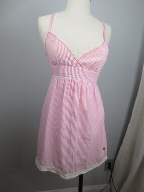 Vintage Y2K Abercrombie Pink White Stripe Babydoll Cami Tunic Top w/Lace Trim